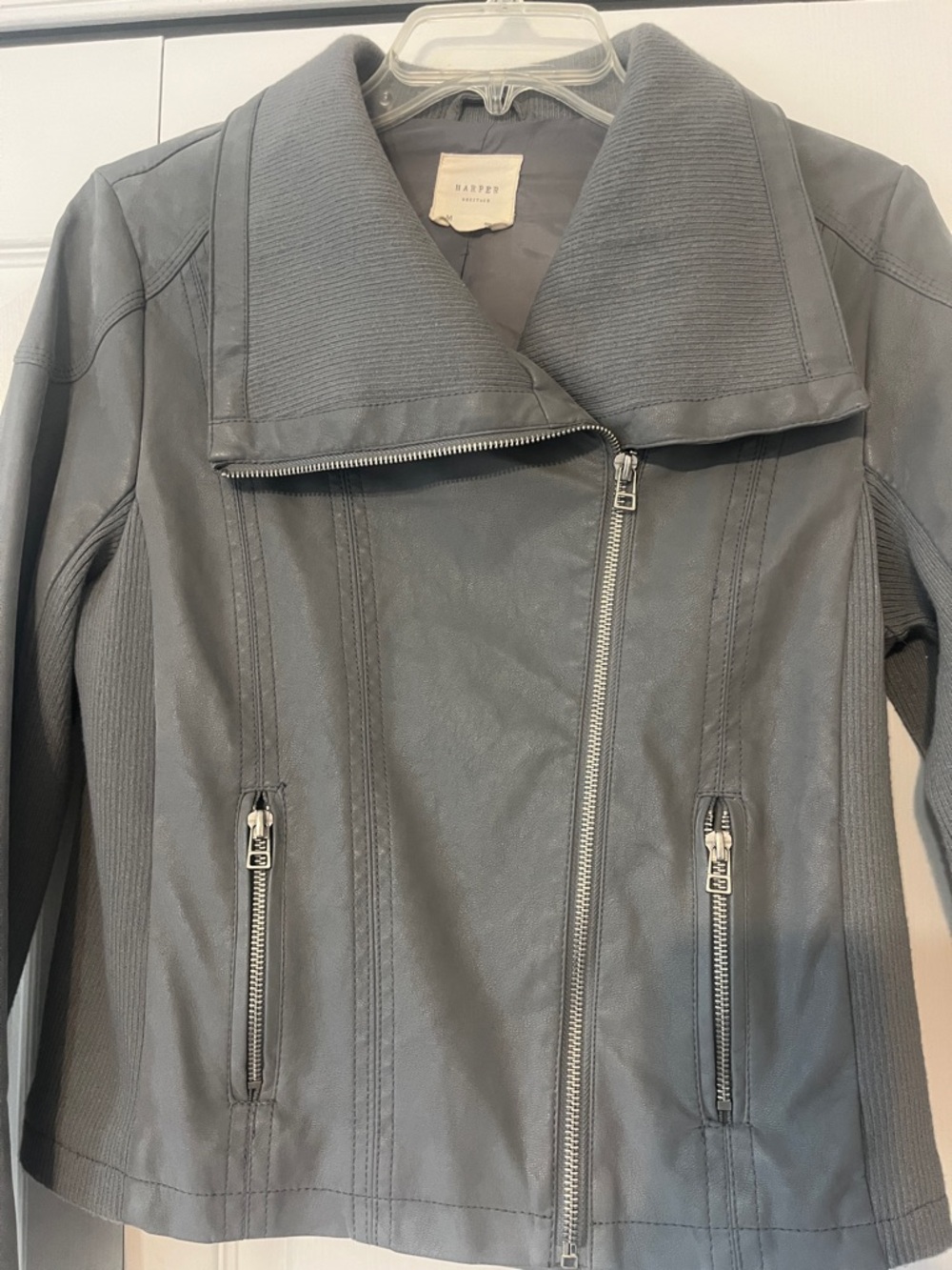 Harper Gray Leather Asymmetrical Zip Jacket